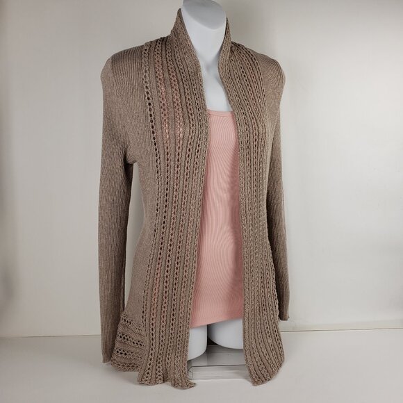 ELEMENTZ Sz PS Cardigan Sweater Tan Taupe Khaki Open Knit Weave Women Petite - Picture 1 of 16